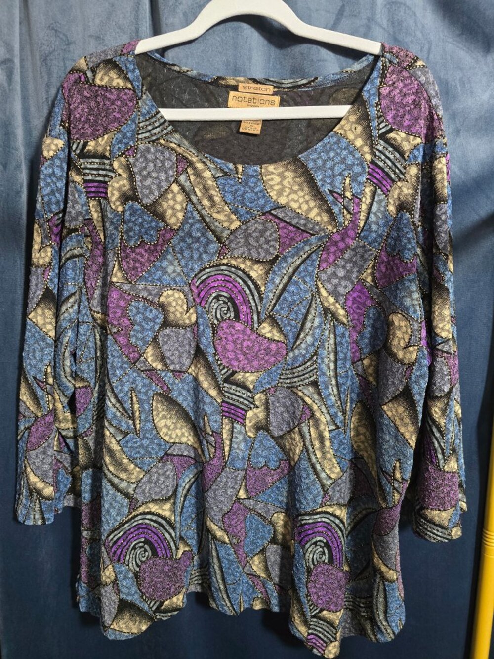 3x Plus Size Notation -Stretch Blouse Geometric Pattern Colorful gold accents